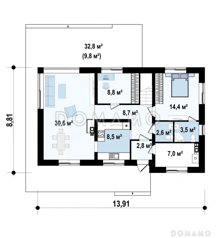 Проект двухэтажного дома из газобетона с пятью спальнями и кабинетом / План 1 этажа
