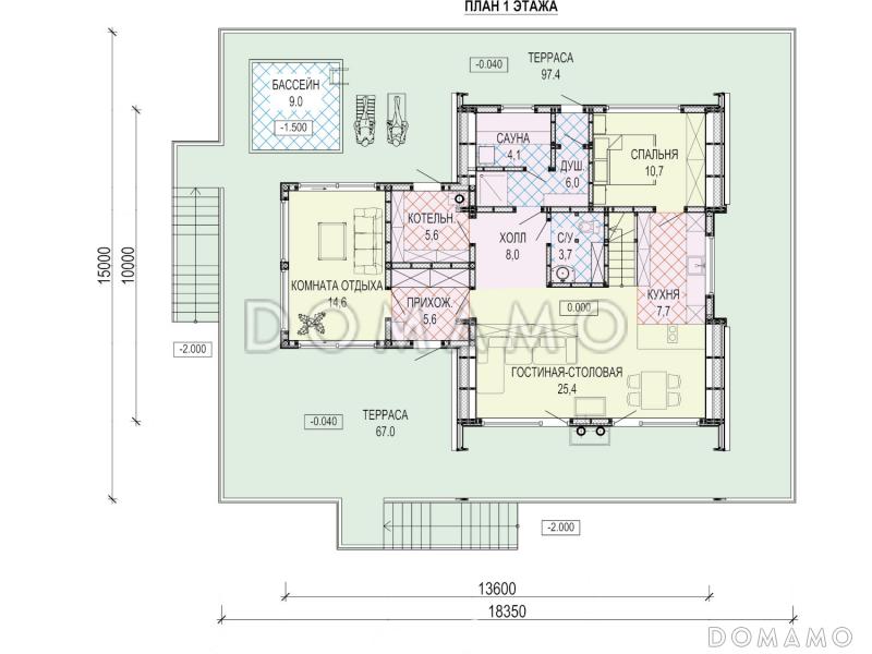 Дом A-frame с обходной террасой и бассейном / План 1 этажа