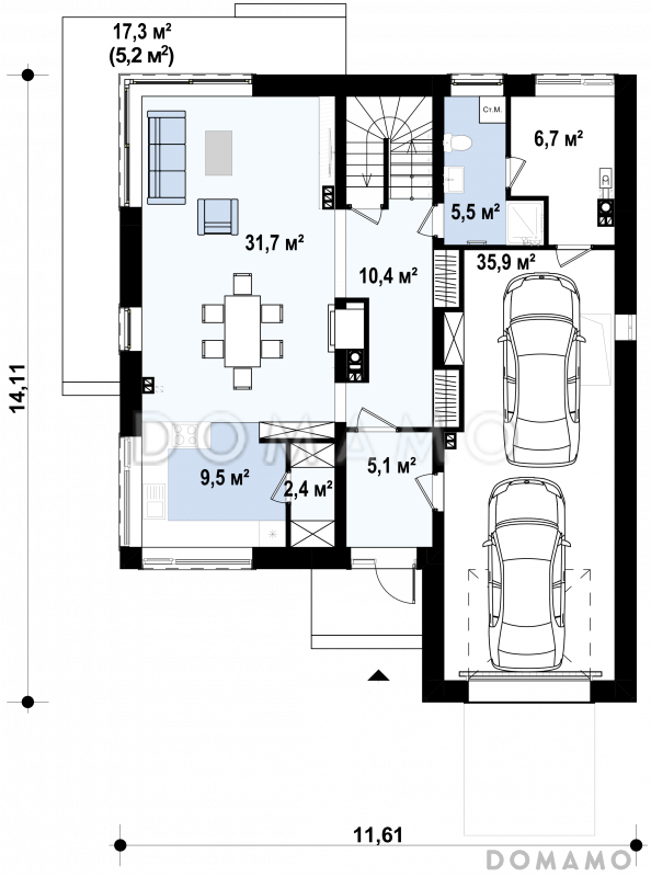 Проект двухэтажного дома из газобетона с 4 спальнями, подвалом и гаражом на 2 автомобиля / План 1 этажа