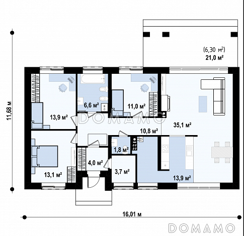 Проект загородного дома с просторной кладовой на кухне, террасой, ванной с окном / План 1 этажа Проект загородного дома с просторной кладовой на кухне, террасой, ванной с окном / План 1 этажа