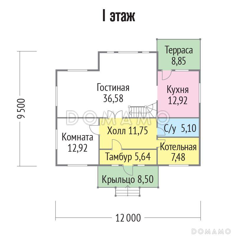 Проект каркасного дома с гардеробной комнатой / План 1 этажа