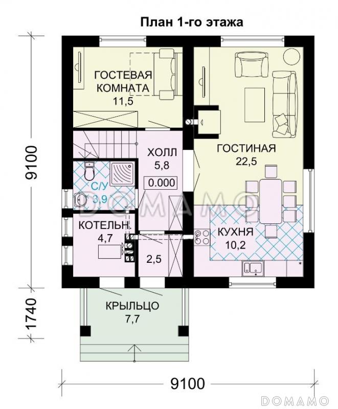 Проект дома из газобетона с тремя спальнями на втором этаже / План 1 этажа