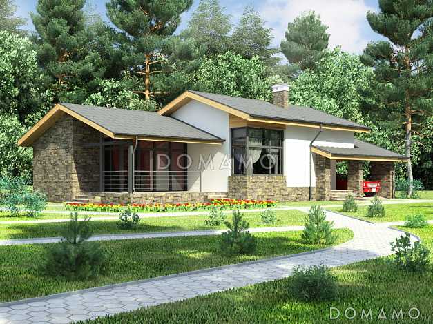 Проект одноэтажного дома с навесом для автомобиля, парной и душевой, двумя спальнями Проект одноэтажного дома с навесом для автомобиля, парной и душевой, двумя спальнями