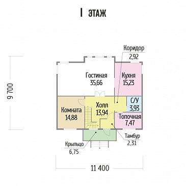 Проект  дома из клееного бруса с тремя комнатами на втором этаже / План 1 этажа