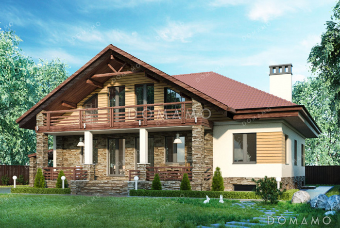 Проект дома с сауной в цокольном этаже, навесом для машины и гостиной на мансарде Проект дома с сауной в цокольном этаже, навесом для машины и гостиной на мансарде