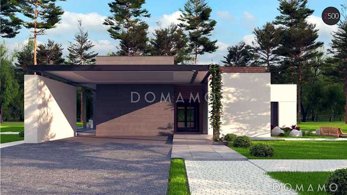 Проект современного одноэтажного дома из кирпича с плоской крышей, с тремя спальнями, большой террасой и навесом