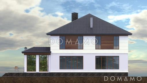 Проект дома с входом с угла здания, террасами, кладовой в кухне, сауной, хозяйской спальней и детскими / Фасад 1