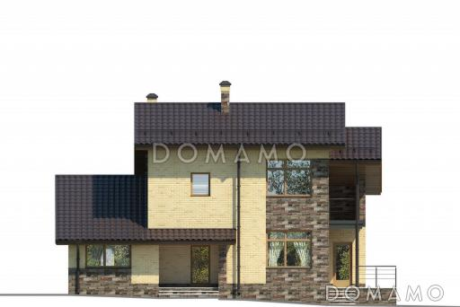 Проект загородного дома с открытой террасой, сауной и душевой, гостиной с камином / Фасад 1