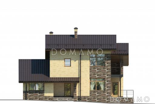 Проект загородного дома с открытой террасой, сауной и душевой, гостиной с камином / Фасад 1