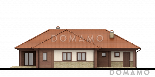 Проект одноэтажного дома из газобетона с просторной гостиной, четырьмя комнатами и гаражом  / Фасад 3