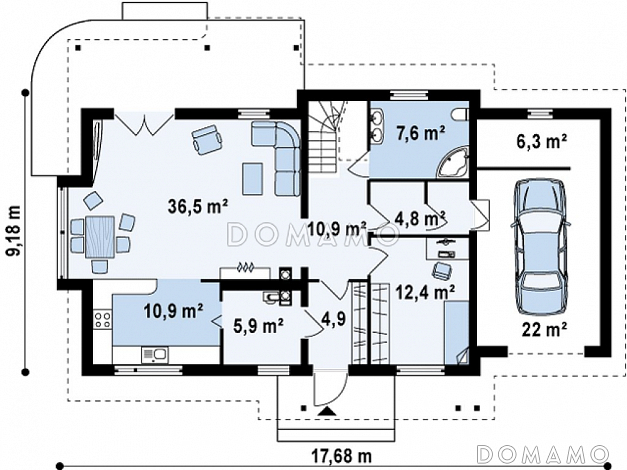 Проект одноэтажного мансардного дома из кирпича с четырьмя спальнями, эркером и гаражом / План 1 этажа