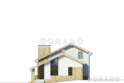 Проект загородного дома с навесом на две машины, двумя спальнями на первом этаже, террасой, вторым светом / Фасад 4