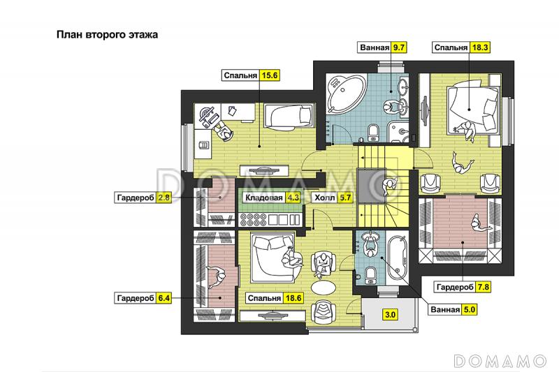 Проект дома с гаражом на одну машину, гостиной с камином, балконом / План мансардного этажа