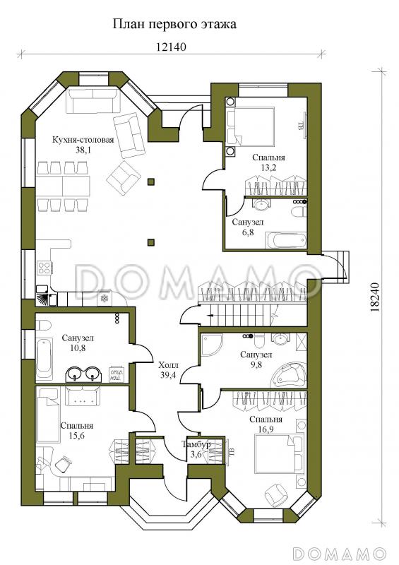 Проект одноэтажного дома с двумя эркерами и подвалом / План 1 этажа