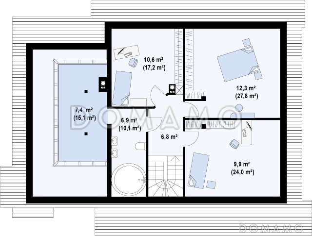 Проект просторного одноэтажного мансардного дома из кирпича с кабинетом, гаражом и комнатой над ним / План мансардного этажа