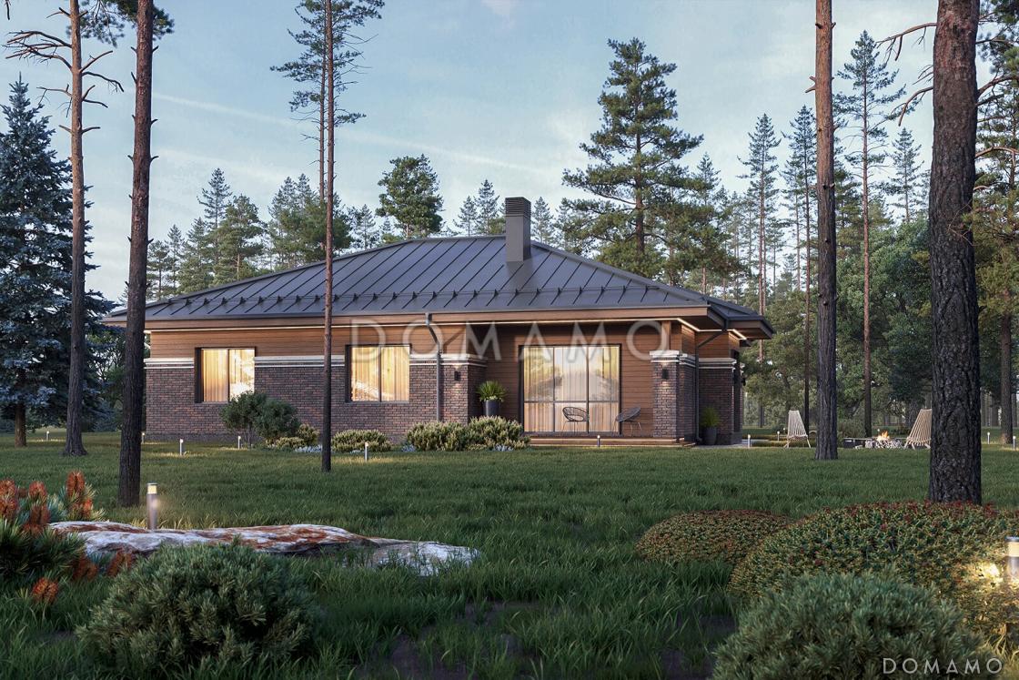 Проект кирпичного одноэтажного дома с тремя спальнями и кухней-столовой-гостиной / 1