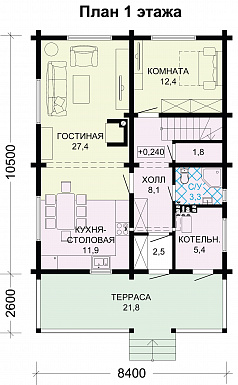 Проект современного дома из бруса с мансардой / План 1 этажа Проект современного дома из бруса с мансардой / План 1 этажа