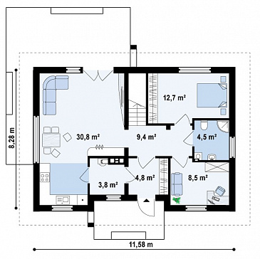 Проект одноэтажного мансардного дома из кирпича с дополнительной спальней и кабинетом на первом этаже / План 1 этажа