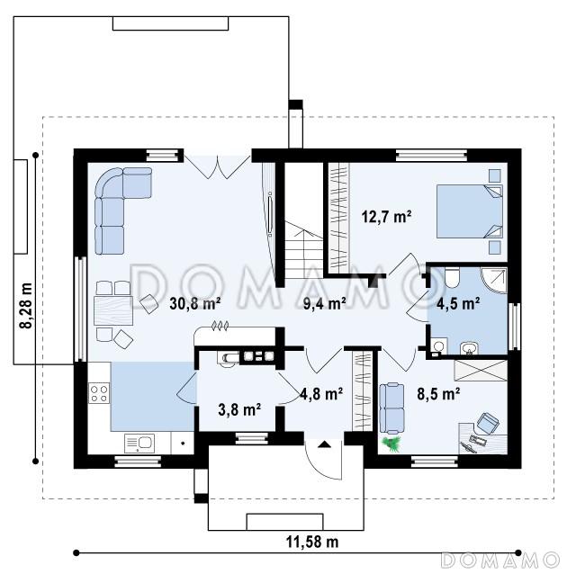 Проект одноэтажного мансардного дома из кирпича с дополнительной спальней и кабинетом на первом этаже / План 1 этажа
