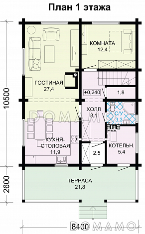 Проект современного дома из бруса с мансардой / План 1 этажа Проект современного дома из бруса с мансардой / План 1 этажа