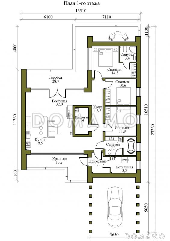 Проект одноэтажного каркасного дома в стиле хай-тек с "живым" навесом / План 1 этажа