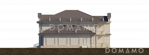 Проект загородного дома с бассейном, комнатами для отдыха и спорта, террасами, большим гаражом, спальнями на втором этаже / Фасад 2