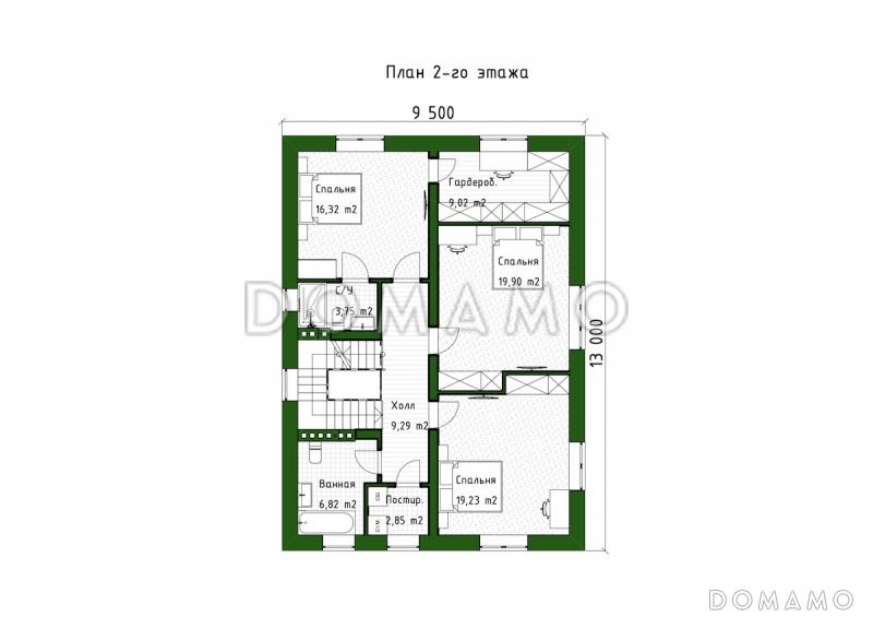 Проект двухэтажного дома с мансардой, мастер-спальней и остекленной террасой / План 2 этажа