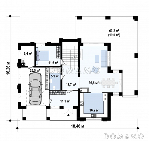 Проект двухэтажного дома с крытой террасой, гаражом, большой кухней и гостиной,  балконами, спальней на первом этаже / План 1 этажа