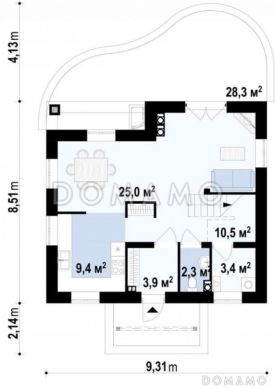 Проект компактного одноэтажного мансардного дома из газобетона квадратной формы с барбекю на террасе / План 1 этажа