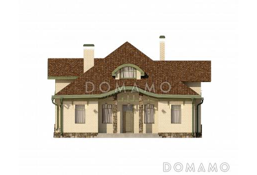 Проект дома с полукруглым эркером, двумя спальнями на первом этаже, вторым светом, ванной с окном, библиотекой / Фасад 1