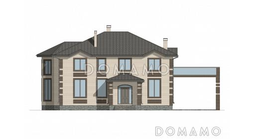 Проект двухэтажного кирпичного дома со вторым светом, навесом для автомобиля и открытой террасой на втором этаже / Фасад 3