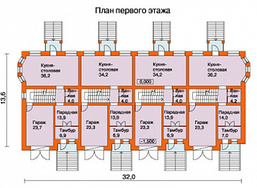 Проект таунхауса на четыре семьи / План 1 этажа Проект таунхауса на четыре семьи / План 1 этажа