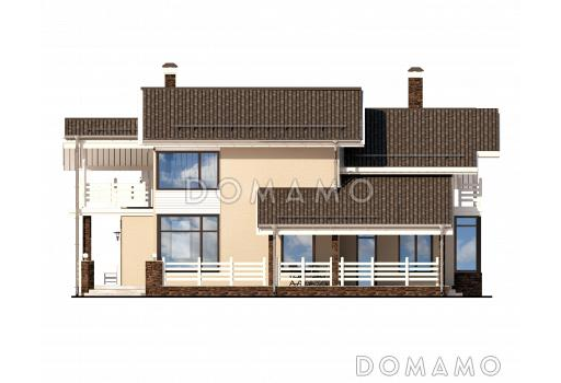 Проект дома с большой террасой, кухней с эркером, сауной, кладовой у лестницы / Фасад 1