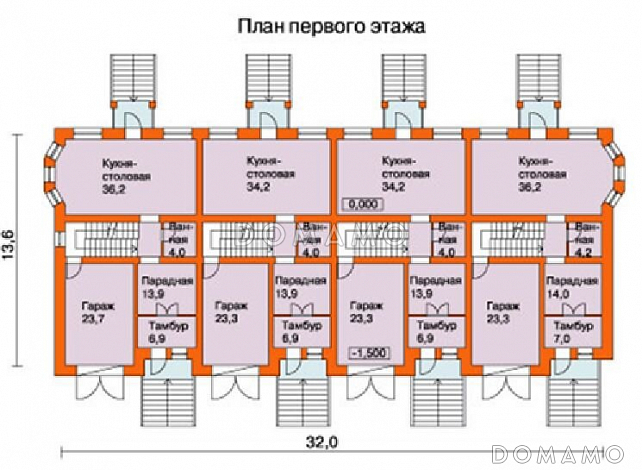 Проект таунхауса на четыре семьи / План 1 этажа Проект таунхауса на четыре семьи / План 1 этажа