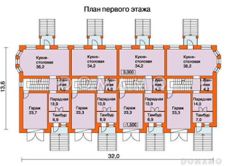 Проект таунхауса на четыре семьи / План 1 этажа