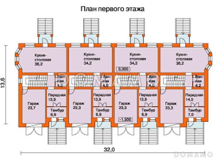 Проект таунхауса на четыре семьи / План 1 этажа
