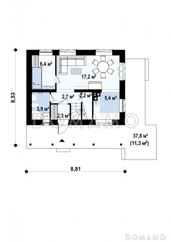Проект компактного одноэтажного мансардного дома из кирпича с тремя спальнями и фронтальной террасой / План 1 этажа