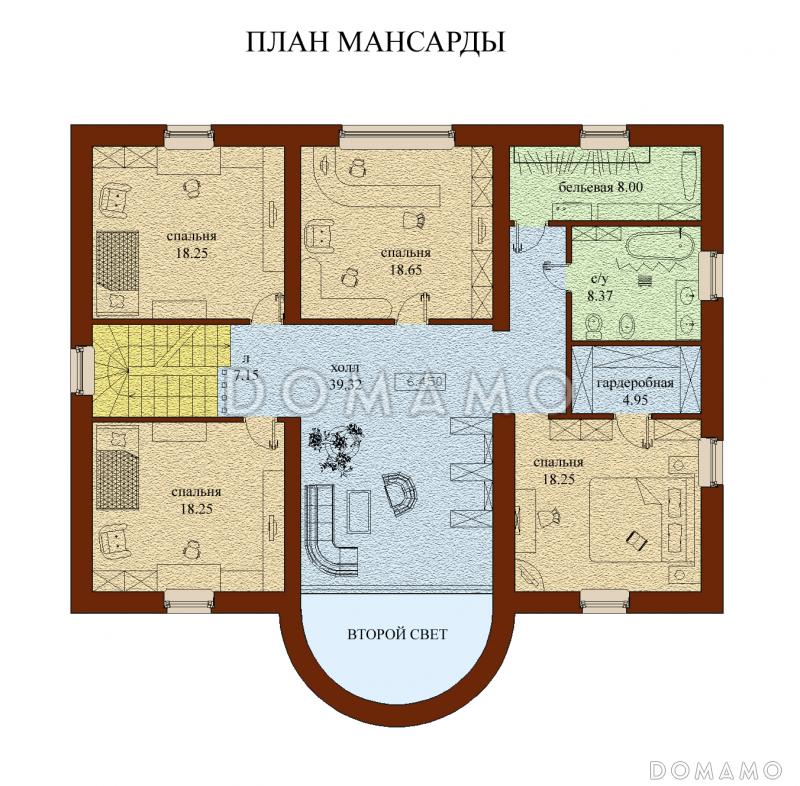 Проект двухэтажного дома с мансардой, с гаражом, с сауной, бассейном и вторым светом  / План мансардного этажа