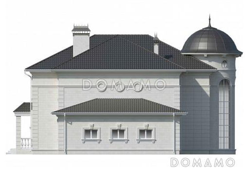 Проект двухэтажного дома в византийском стиле из газобетона с двумя круглыми эркерами и гаражом / Фасад 4