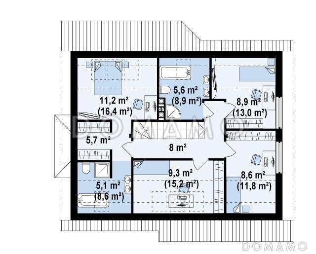 Проект одноэтажного мансардного дома из кирпича со стеклянным прямоугольным эркером и гаражом / План мансардного этажа