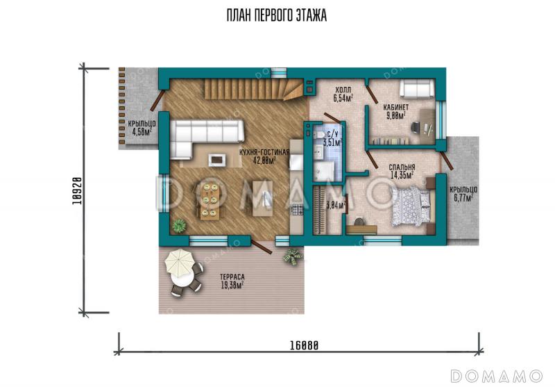 Проект дома с большой кухней-гостиной и спальней на первом этаже с отдельным входом / План 1 этажа