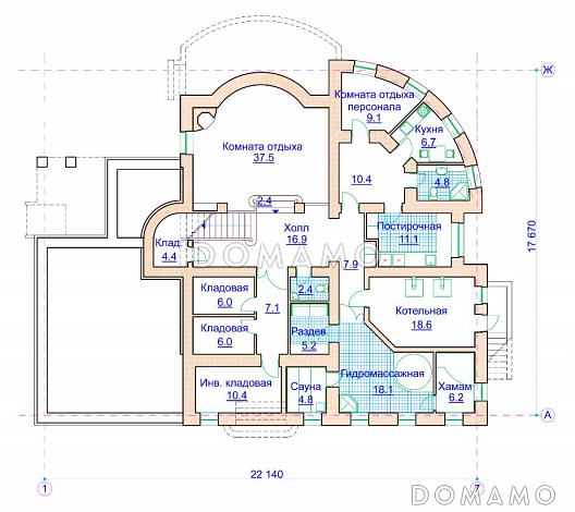 Проект коттеджа в стиле модерн с гаражом на 2 а/м и сауной / План цокольного этажа Проект коттеджа в стиле модерн с гаражом на 2 а/м и сауной / План цокольного этажа