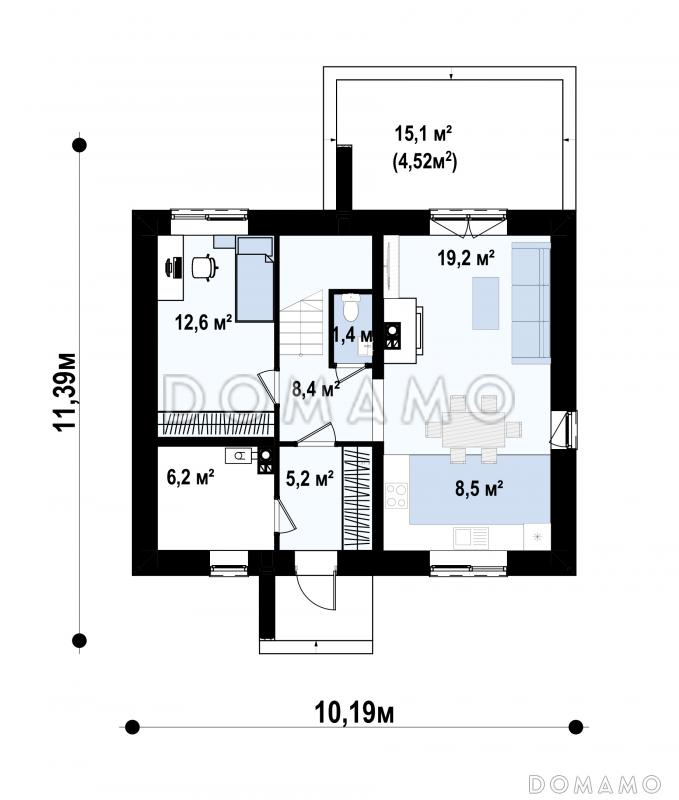Проект загородного двухэтажного дома с террасой, комнатой на первом этаже, санузлом под лестницей / План 1 этажа