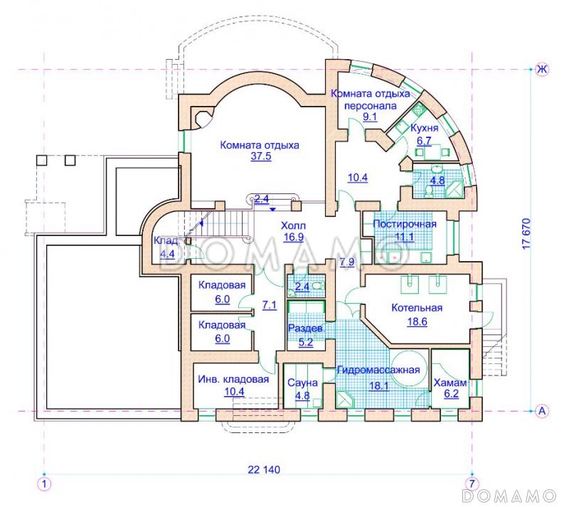 Проект коттеджа в стиле модерн с гаражом на 2 а/м и сауной / План цокольного этажа