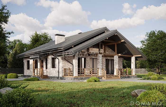 Проект выразительного одноэтажного дома с двухскатной крышей в разных уровнях, большой террасой и вторым светом Проект выразительного одноэтажного дома с двухскатной крышей в разных уровнях, большой террасой и вторым светом