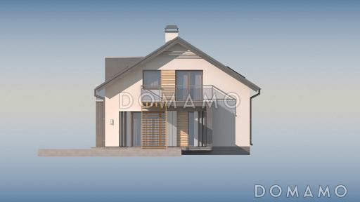 Проект одноэтажного мансардного дома из кирпича с эркером, тремя  балконами и вертикальным мансардным окном / Фасад 2