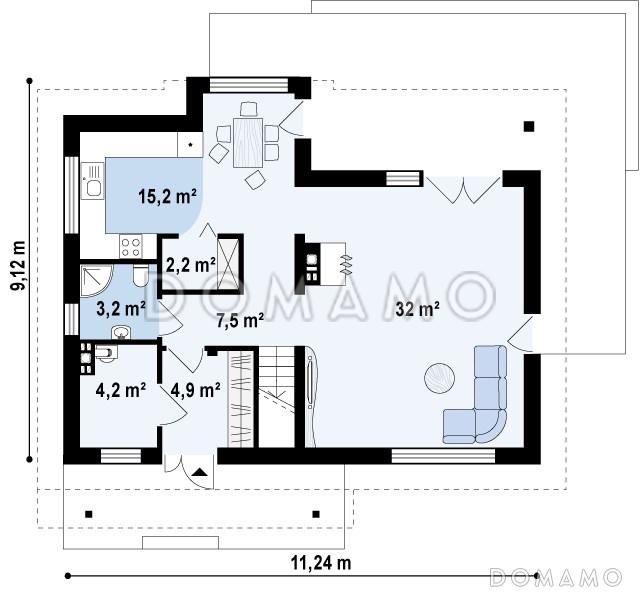Проект классического мансардного дома из газобетона с современными элементами архитектуры / План 1 этажа