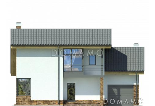 Проект дома с гаражом на одну машину, гостиной с камином, балконом / Фасад 1