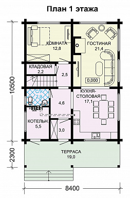 Проект двухэтажного дома из бруса с тремя спальнями / План 1 этажа Проект двухэтажного дома из бруса с тремя спальнями / План 1 этажа