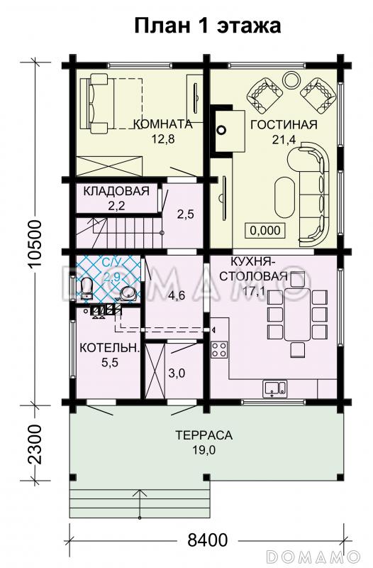 Проект двухэтажного дома из бруса с тремя спальнями / План 1 этажа